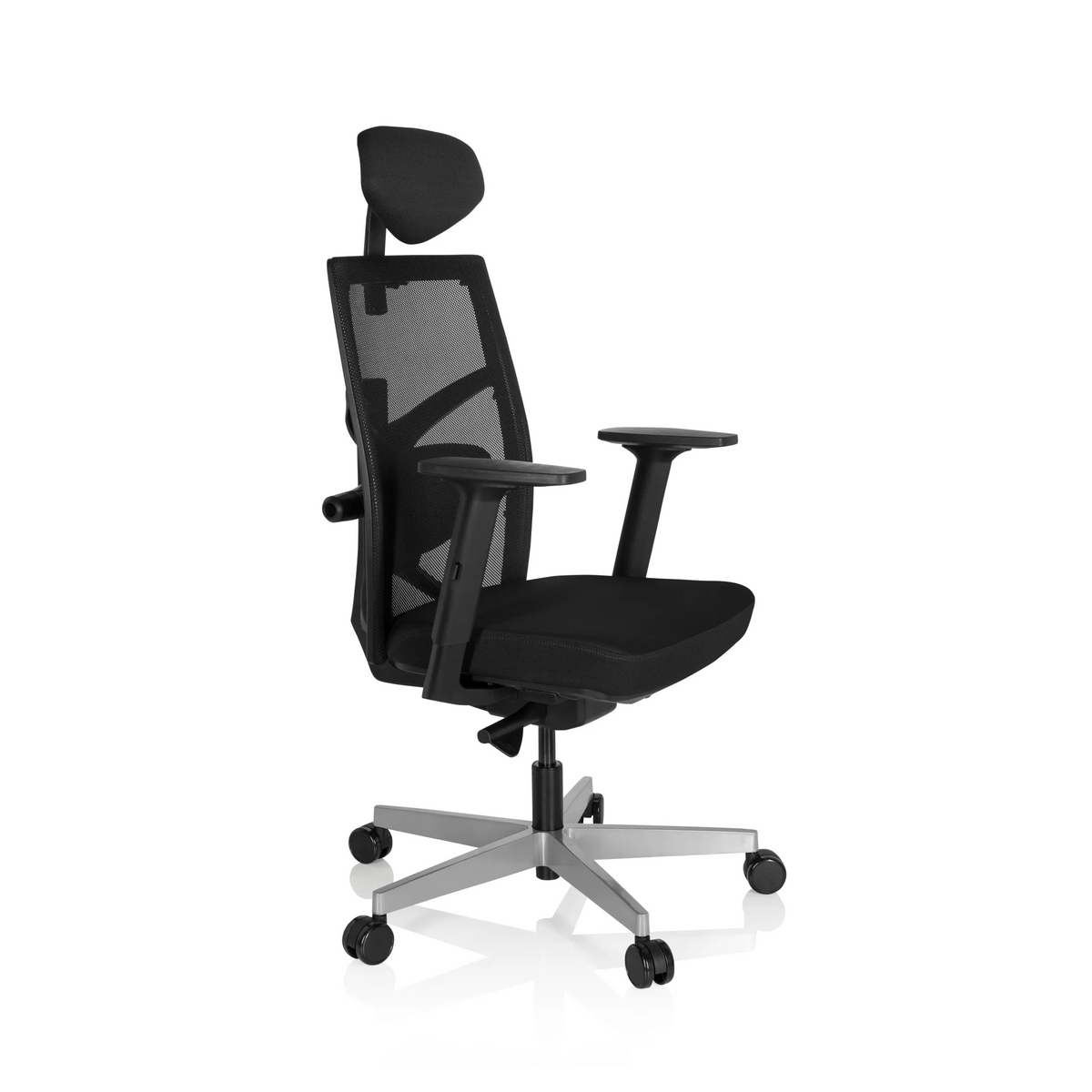 Silla de oficina profesional BELLAC negra con respaldo de malla, reposacabezas y base de cinco ruedas de hjh OFFICE – vista de 360° (vista frontal en diagonal 60°)