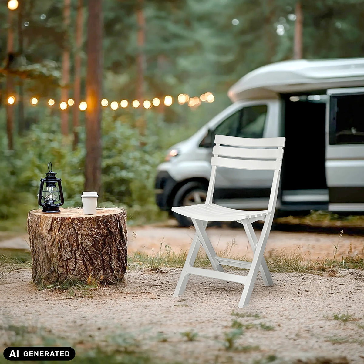 Silla de exterior TRAVANO blanca en un entorno forestal junto a una caravana de hjh LIVING (imagen generada por IA)