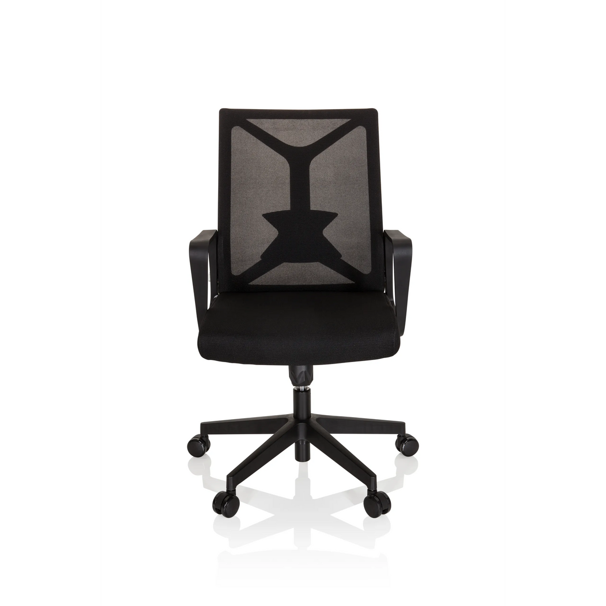 Silla Home Office ENCO negra con respaldo de malla y base de cinco ruedas de hjh OFFICE – vista de 360° (vista frontal 0°)