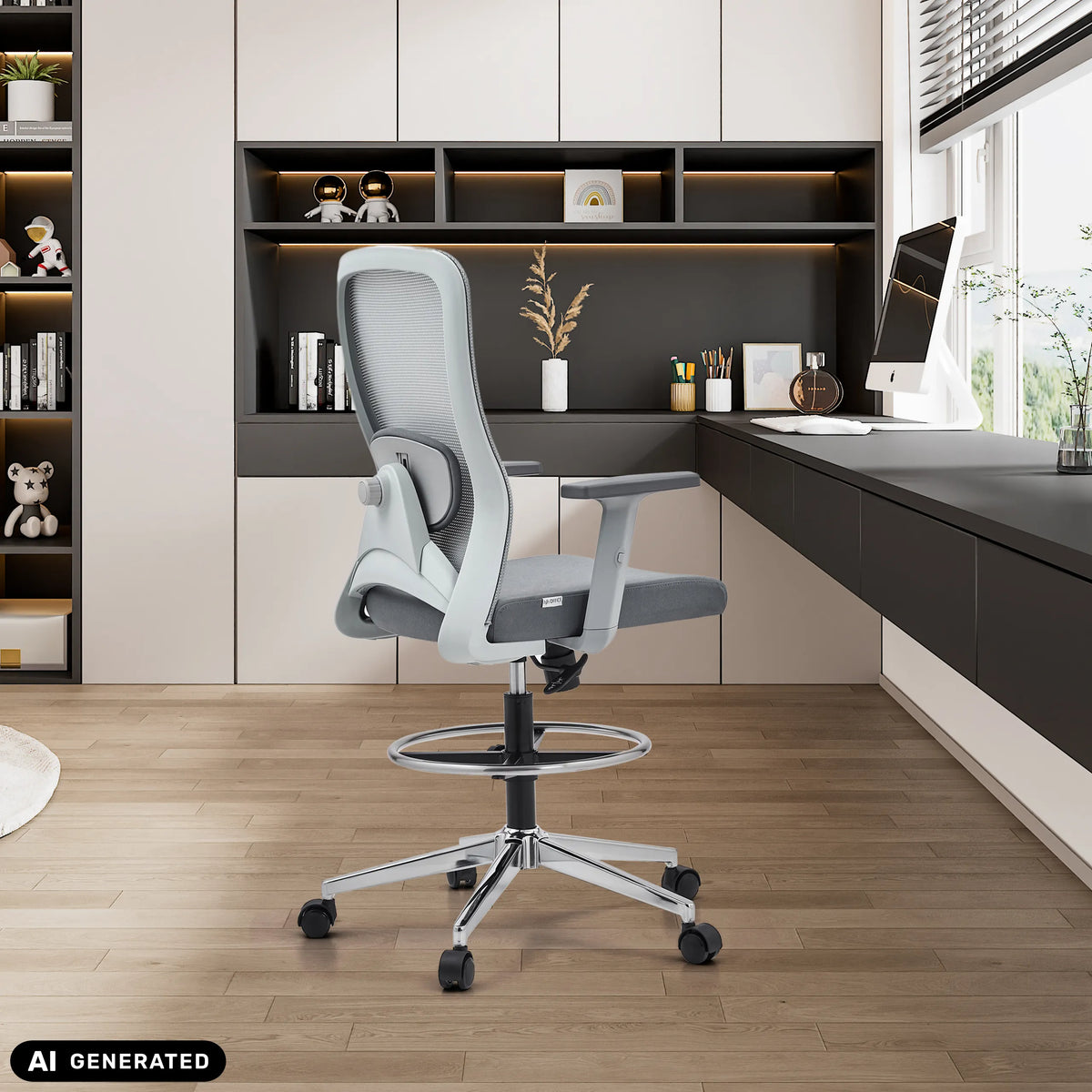 Silla de mostrador Top Work 44 W gris con reposapiés y respaldo de malla de hjh OFFICE (imagen generada por IA)