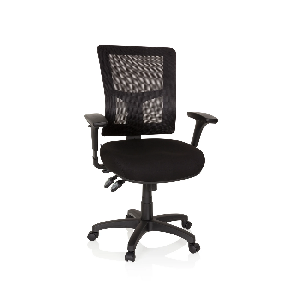 Sillón de oficina profesional IMPACT PRO negro con respaldo de malla y base de cinco ruedas de hjh OFFICE – vista de 360° (vista frontal 20°)