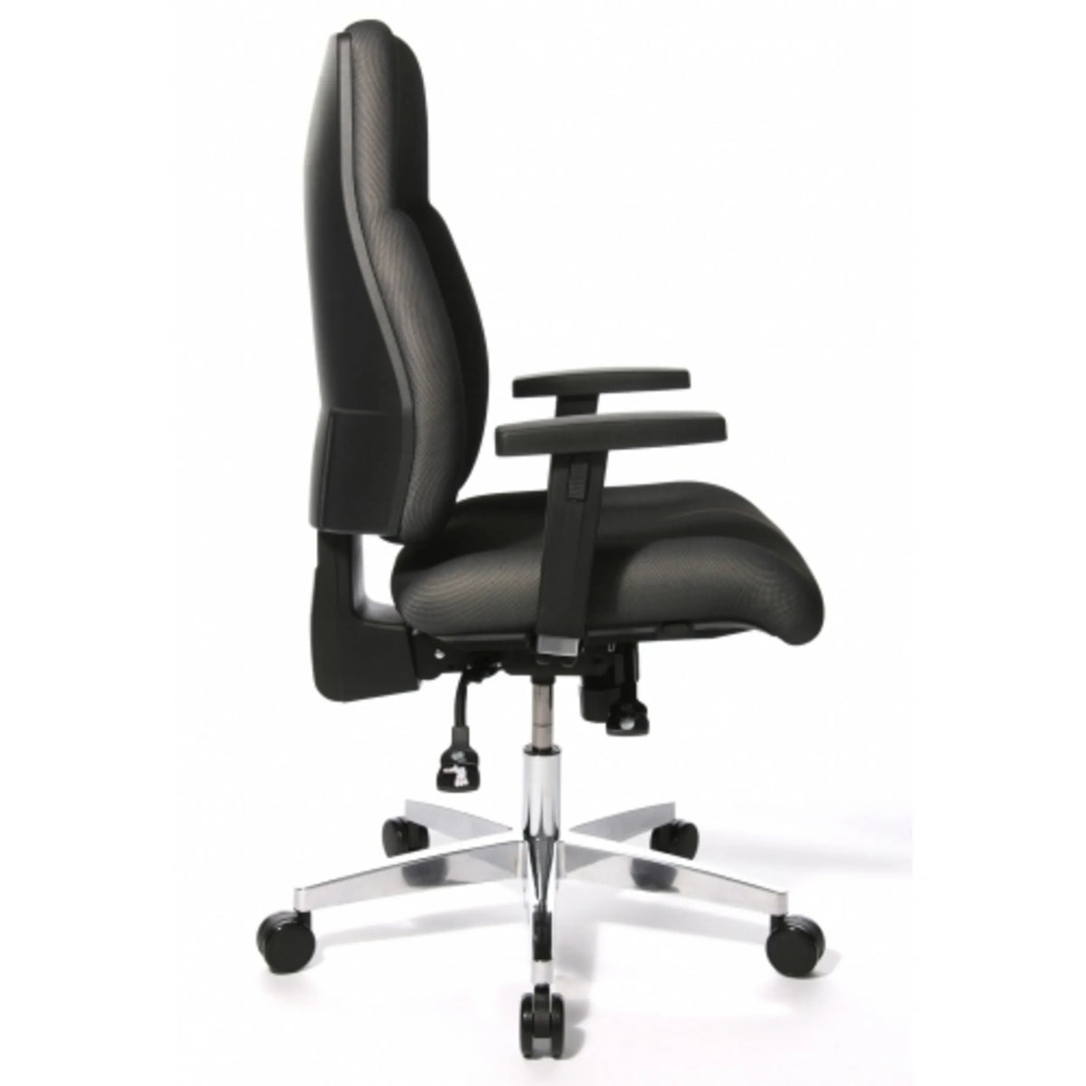 Vista lateral de la silla de oficina profesional P91 AL.G3 en gris con reposabrazos y base brillante con ruedas de Topstar