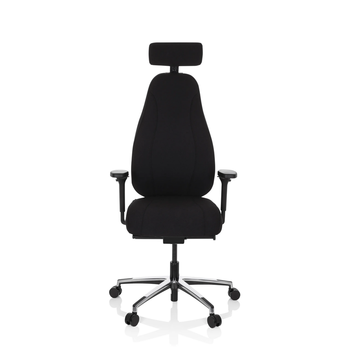 Silla alta gama RESISTIO negra con reposacabezas y base de cinco ruedas de hjh OFFICE – vista de 360° (vista frontal 0°)