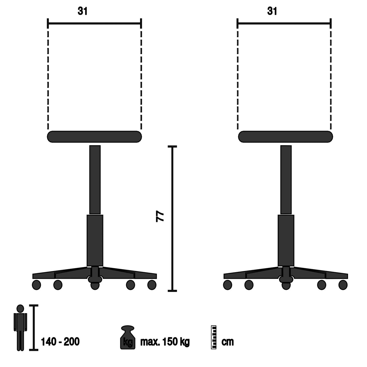 Dibujo técnico del taburete de bar VANTAGGIO HIGH WS de 31 × 77 cm y carga máx. de 150 kg de hjh OFFICE