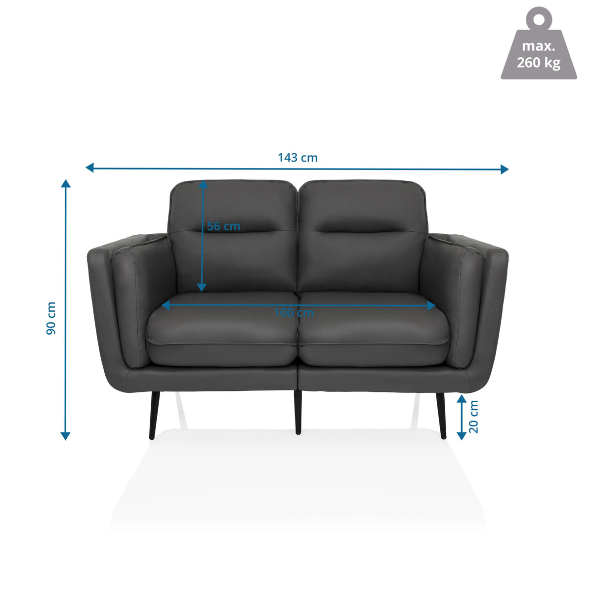 Dibujo acotado del Sofá de diseño VINTALUX con un ancho de 143 cm y una altura de 90 cm de hjh LIVING