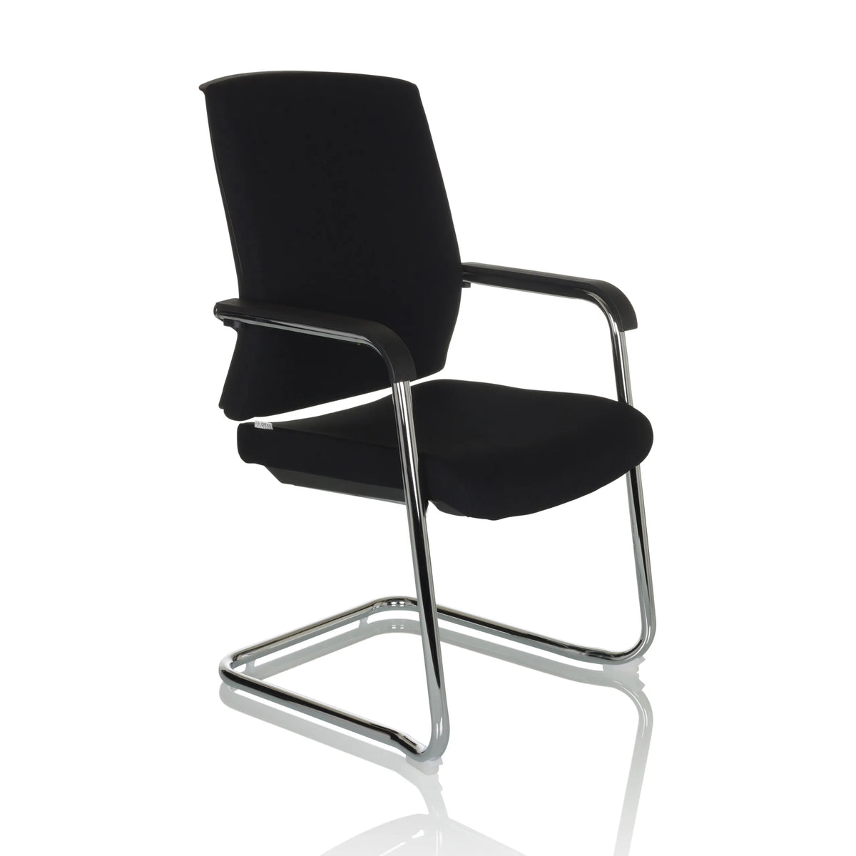 Silla de viga voladiza LEVIA VP negra con reposabrazos y estructura cromada de hjh OFFICE – vista de 360° (vista frontal en diagonal 45°)