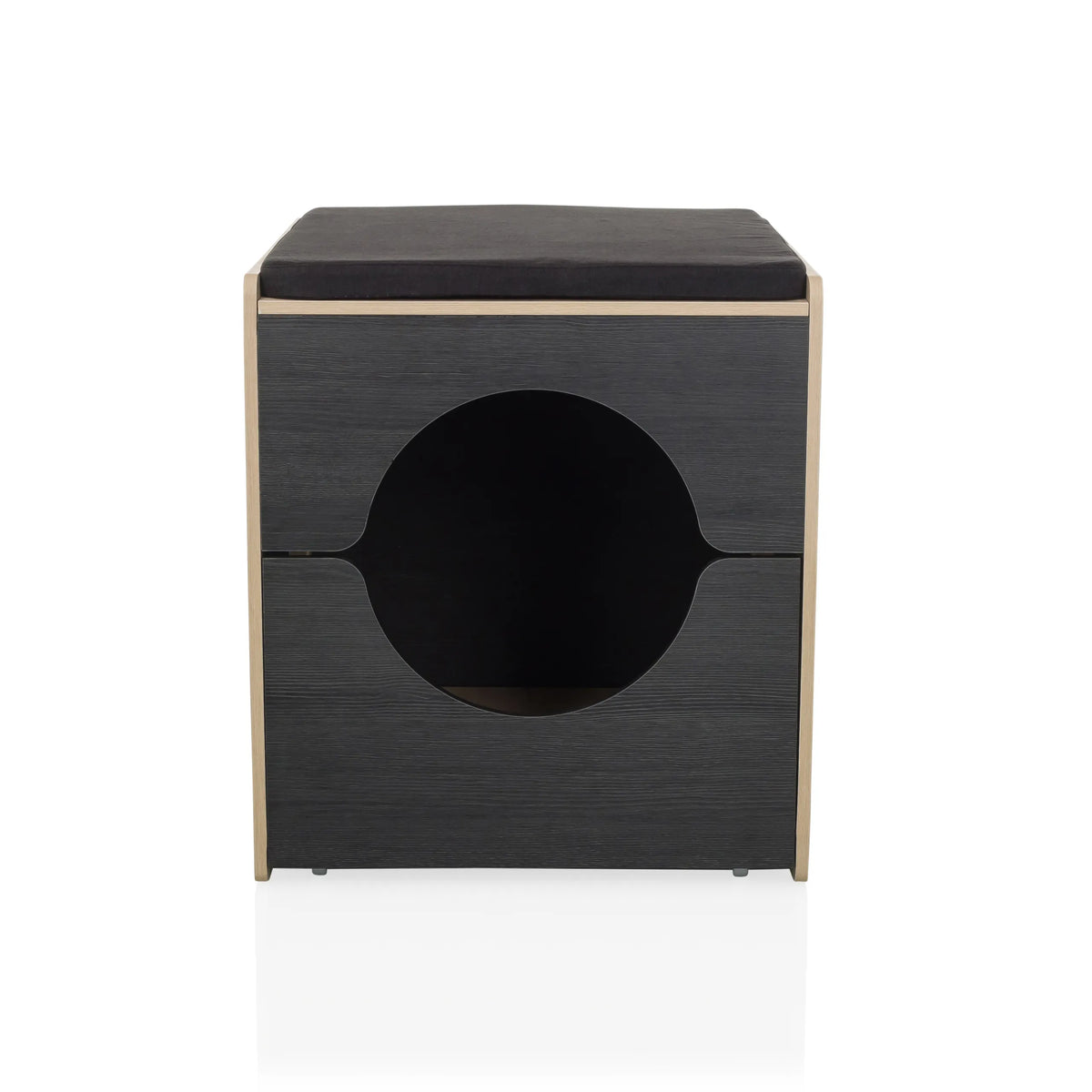 Schwarzes Katzenhaus KITTY PAWBOX 2 mit runder Öffnung und Details in Eichenoptik von hjh LIVING – 360-Grad-Ansicht (Frontansicht 0°)