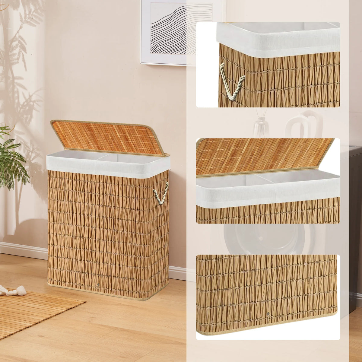 Cesta de ropa FALSTER XL R de material trenzado en marrón con forro blanco y tapa de hjh LIVING