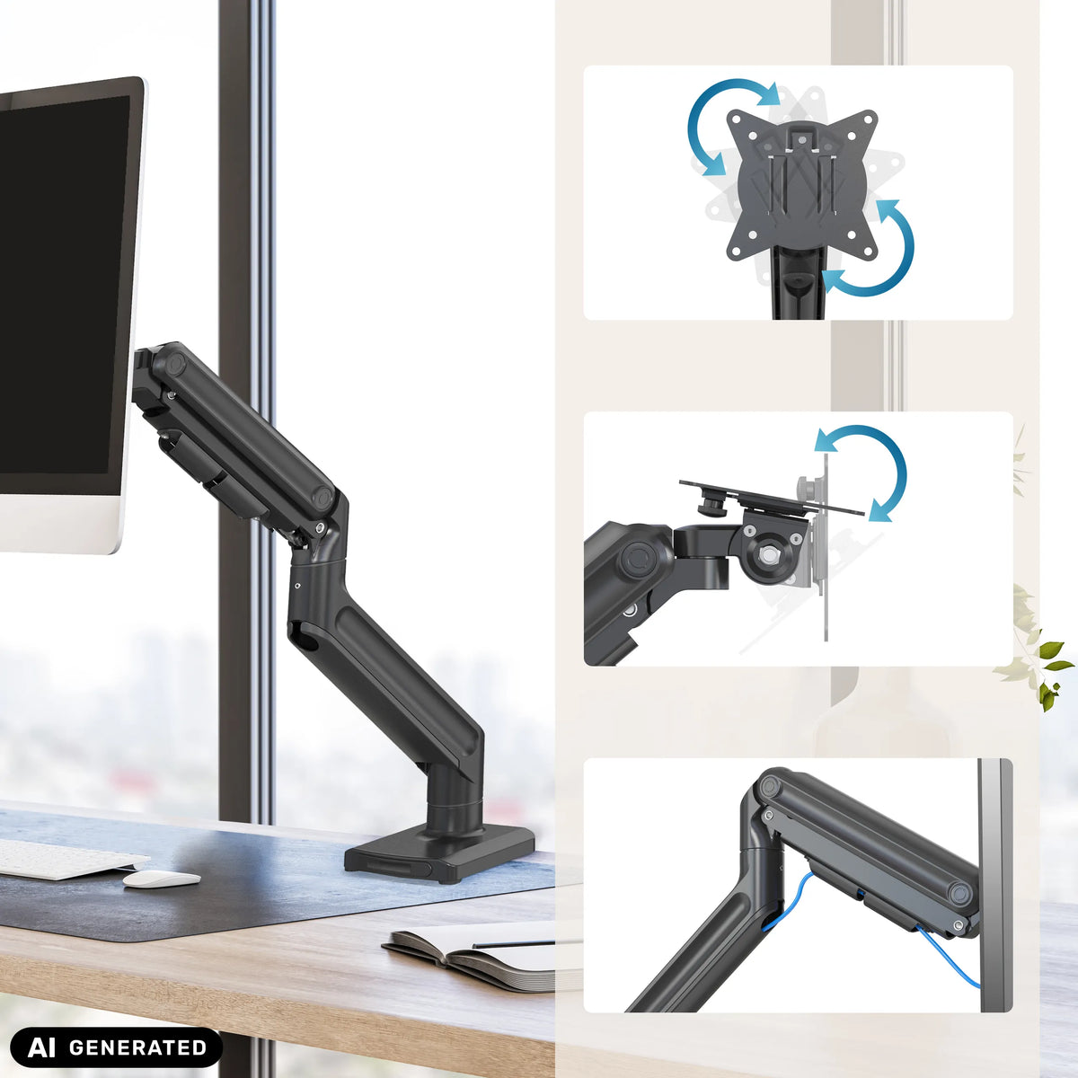Articulaciones ajustables y placa de montaje del soporte de monitor VM-MG1S de hjh OFFICE (imagen generada por IA)