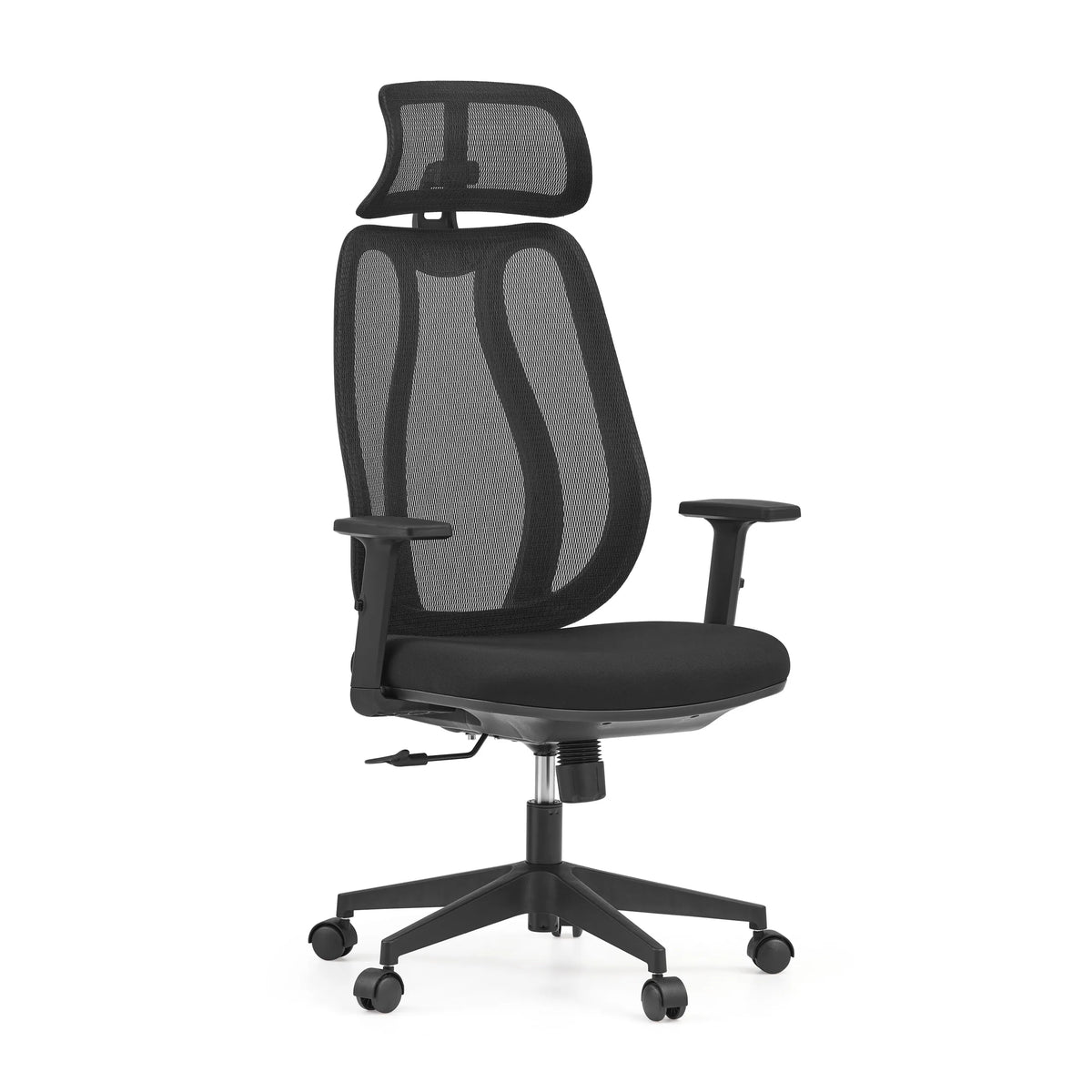 Silla de oficina profesional Filaro en color negro con respaldo de malla, reposacabezas y base de cinco ruedas de hjh OFFICE – vista de 360° (vista frontal en diagonal 30°)