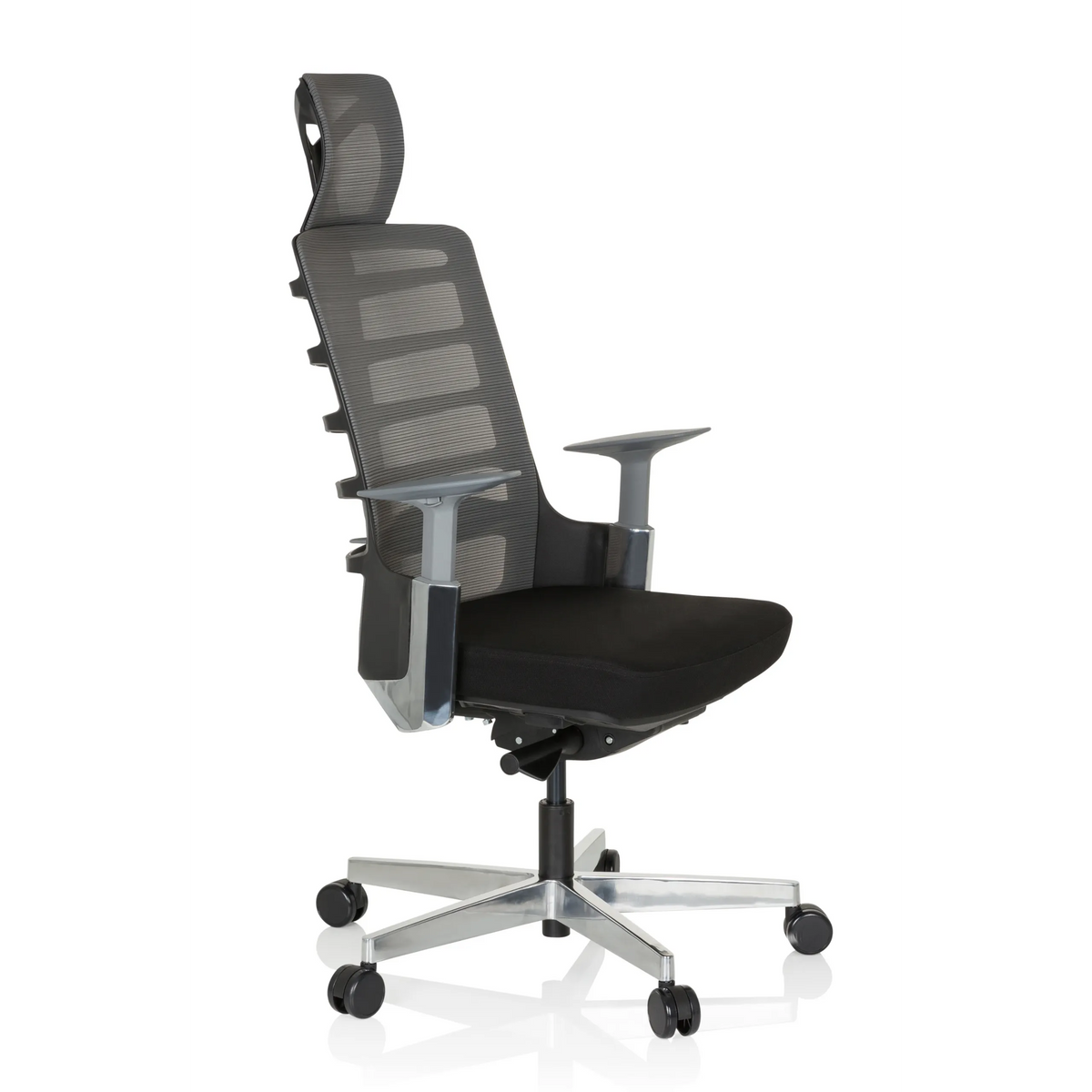 Silla alta gama SKARIF en color negro gris con respaldo de malla y base de cinco ruedas de hjh OFFICE – vista de 360° (vista frontal en diagonal 60°)
