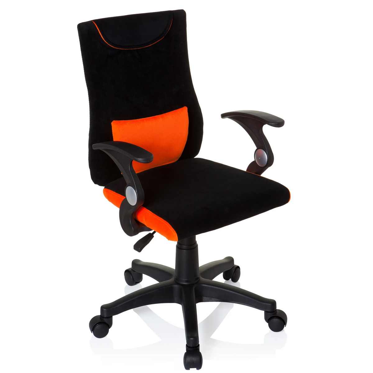 Silla giratoria para niños KIDDY PRO AL en color negro y naranja con cojín lumbar y base de cinco ruedas de hjh OFFICE – vista de 360° (vista frontal en diagonal 40°)
