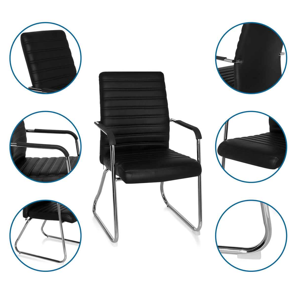 Silla de confidente STEEL V en color negro con estructura de patín, reposabrazos y tapizado acolchado de hjh OFFICE