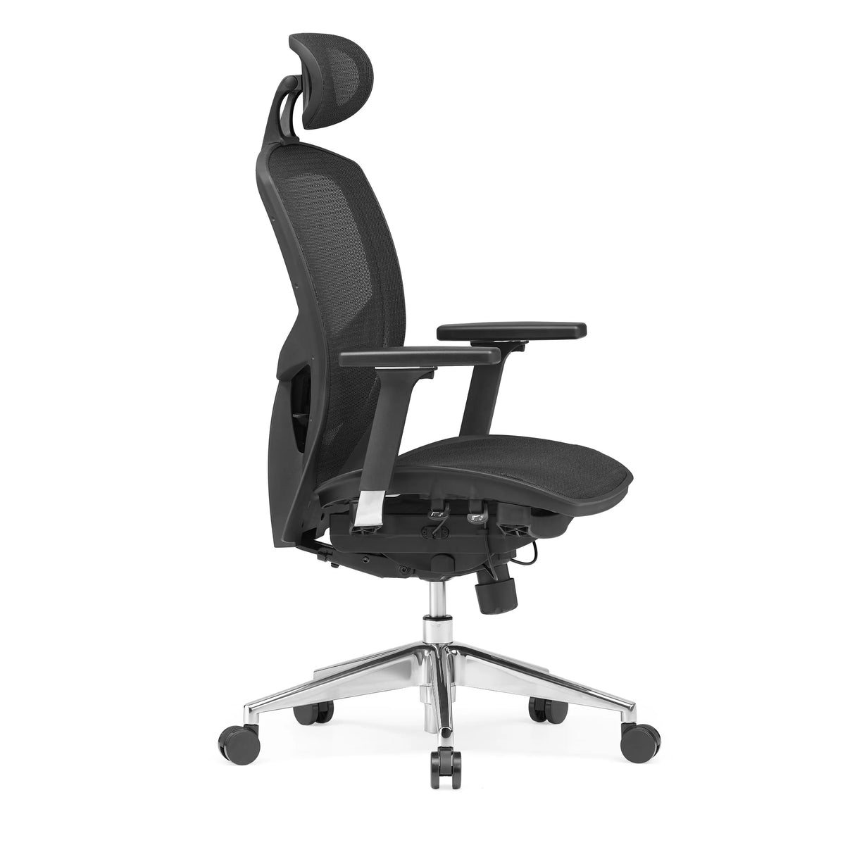 Silla alta gama VENUS ONE negra con respaldo de malla y base de cinco ruedas de hjh OFFICE – vista de 360° (vista lateral 75°)