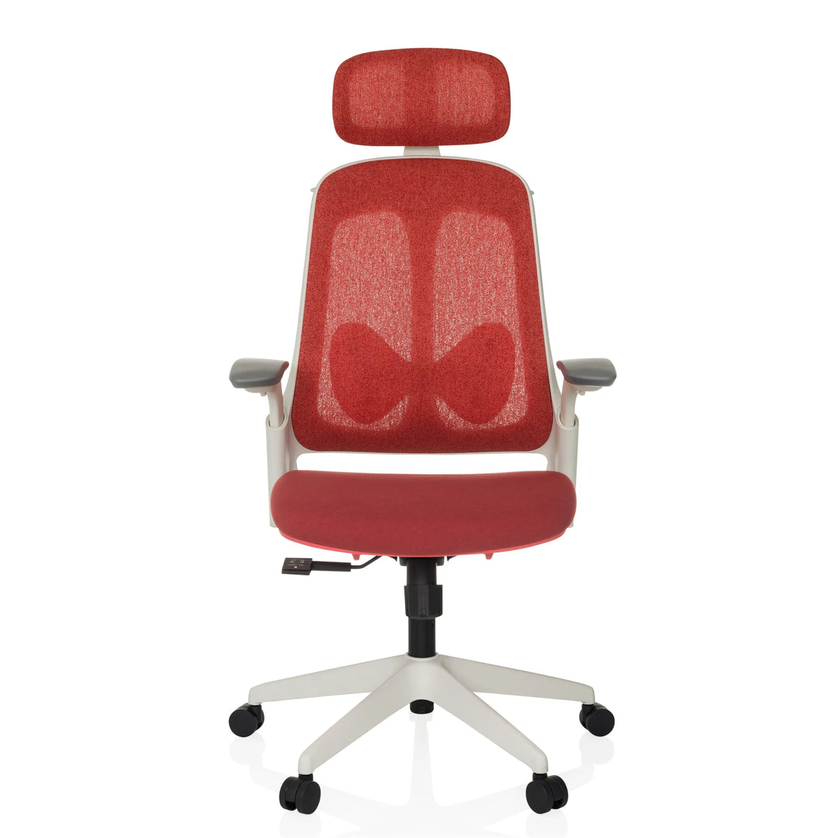 Silla de oficina profesional ARCEO WF roja con respaldo de malla y base blanca de cinco ruedas de hjh OFFICE – vista de 360° (vista frontal 0°)