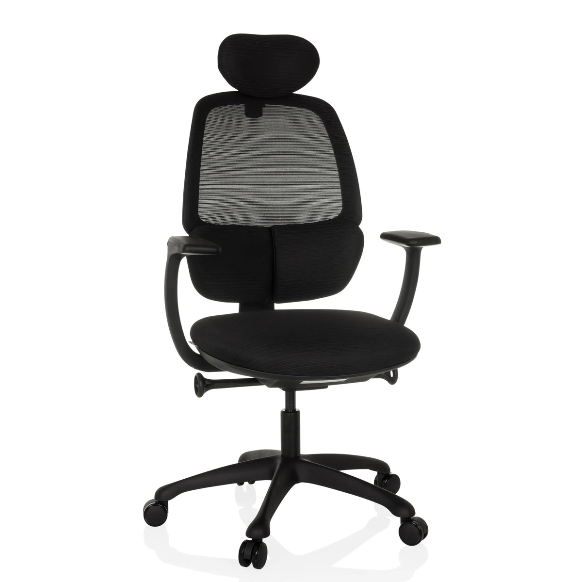 Silla de oficina profesional RI-COVER negra con respaldo de malla, reposacabezas y base de cinco ruedas de hjh OFFICE – vista de 360° (vista frontal 15°)