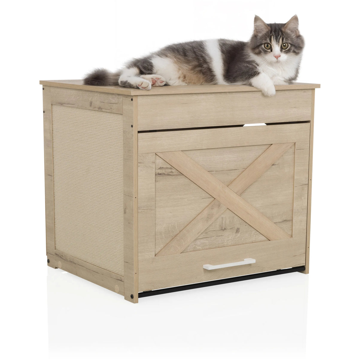 Casa para gatos KITTY PAWBOX 1 en aspecto de roble con un gato tumbado en la parte superior de hjh LIVING