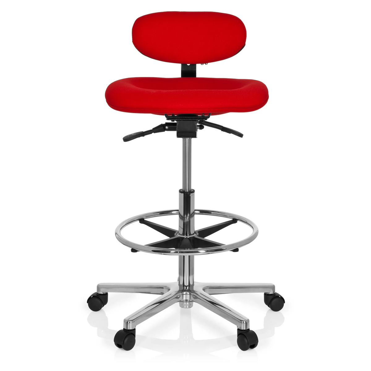 Silla de mostrador WORK MF roja con reposapiés y base de cinco ruedas de hjh OFFICE – vista de 360° (vista frontal 0°)