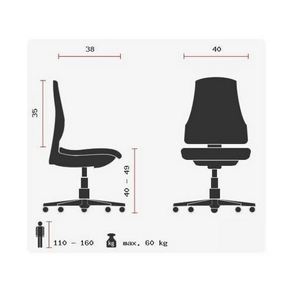 Dibujo técnico de la Silla giratoria para niños MAXX KID con una altura del asiento de 40 a 49 cm de Topstar