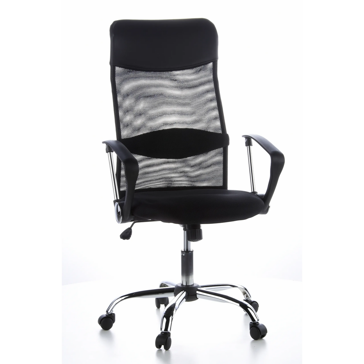 Sillón de oficina Home Office ARIA HIGH negro con respaldo de malla y base de cinco ruedas de hjh OFFICE – vista de 360° (vista frontal 20°)