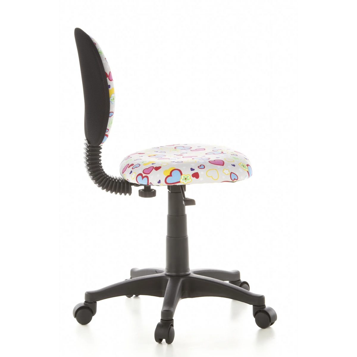 Silla giratoria para niños KIDDY TOP con estampado colorido de corazones y flores y base de cinco ruedas de hjh OFFICE – vista de 360° (vista lateral 100°)