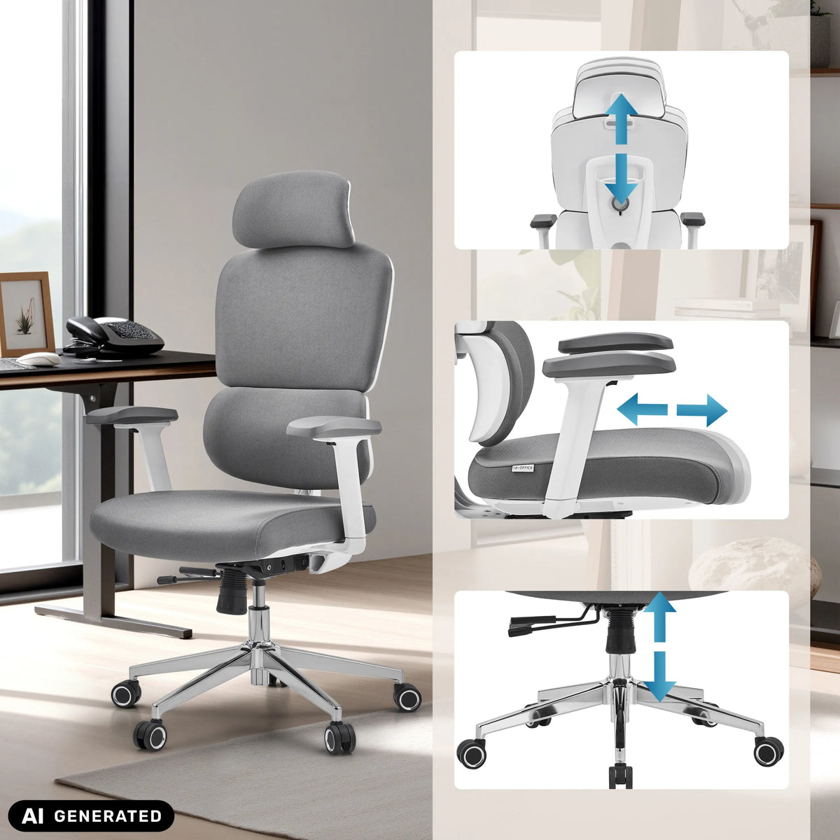 Reposacabezas ajustable en altura, reposabrazos y pistón de gas de la silla de oficina profesional Ergomy WF 2 de hjh OFFICE (imagen generada por IA)