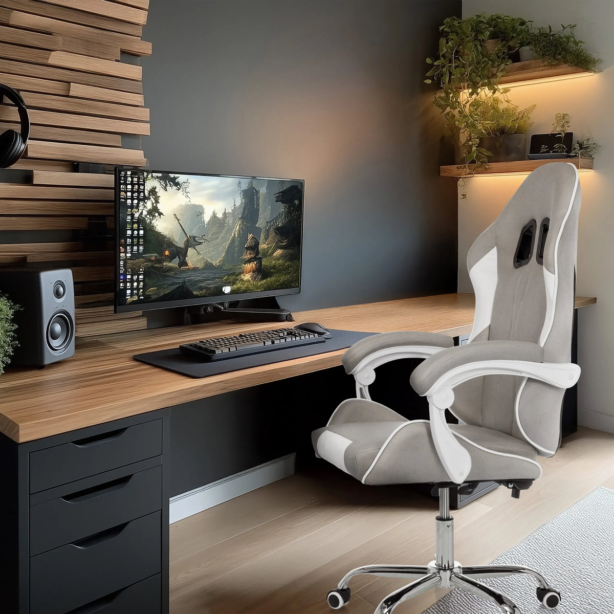 Silla gaming GAMEBREAKER W03 en gris y blanco con detalles blancos y reposabrazos de MyBuero