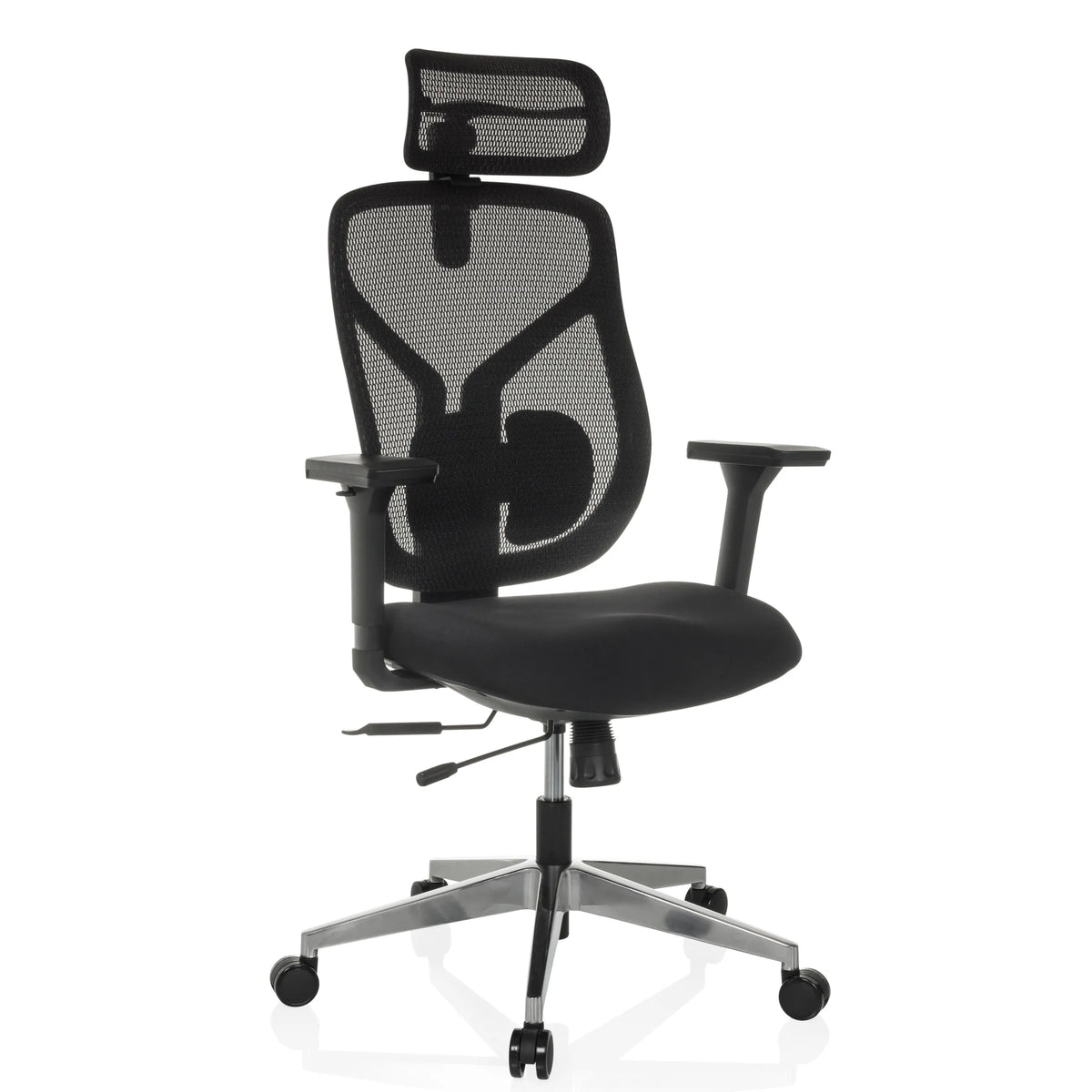 Schwarzer High-End-Bürostuhl CASSILIS B mit Netzrücken und Fußkreuz mit fünf Rollen von hjh OFFICE – 360-Grad-Ansicht (schräge Frontansicht 30°)
