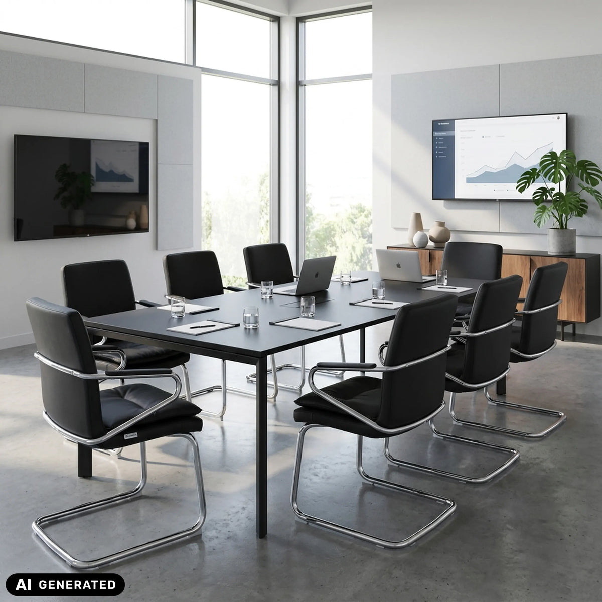 Silla de viga voladiza Rovento V negra en una sala de conferencias de hjh OFFICE (imagen generada por IA)