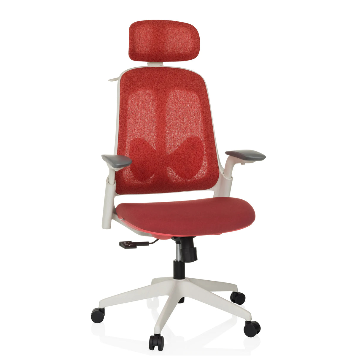 Silla de oficina profesional ARCEO WF roja con respaldo de malla y base blanca de cinco ruedas de hjh OFFICE – vista de 360° (vista frontal 15°)