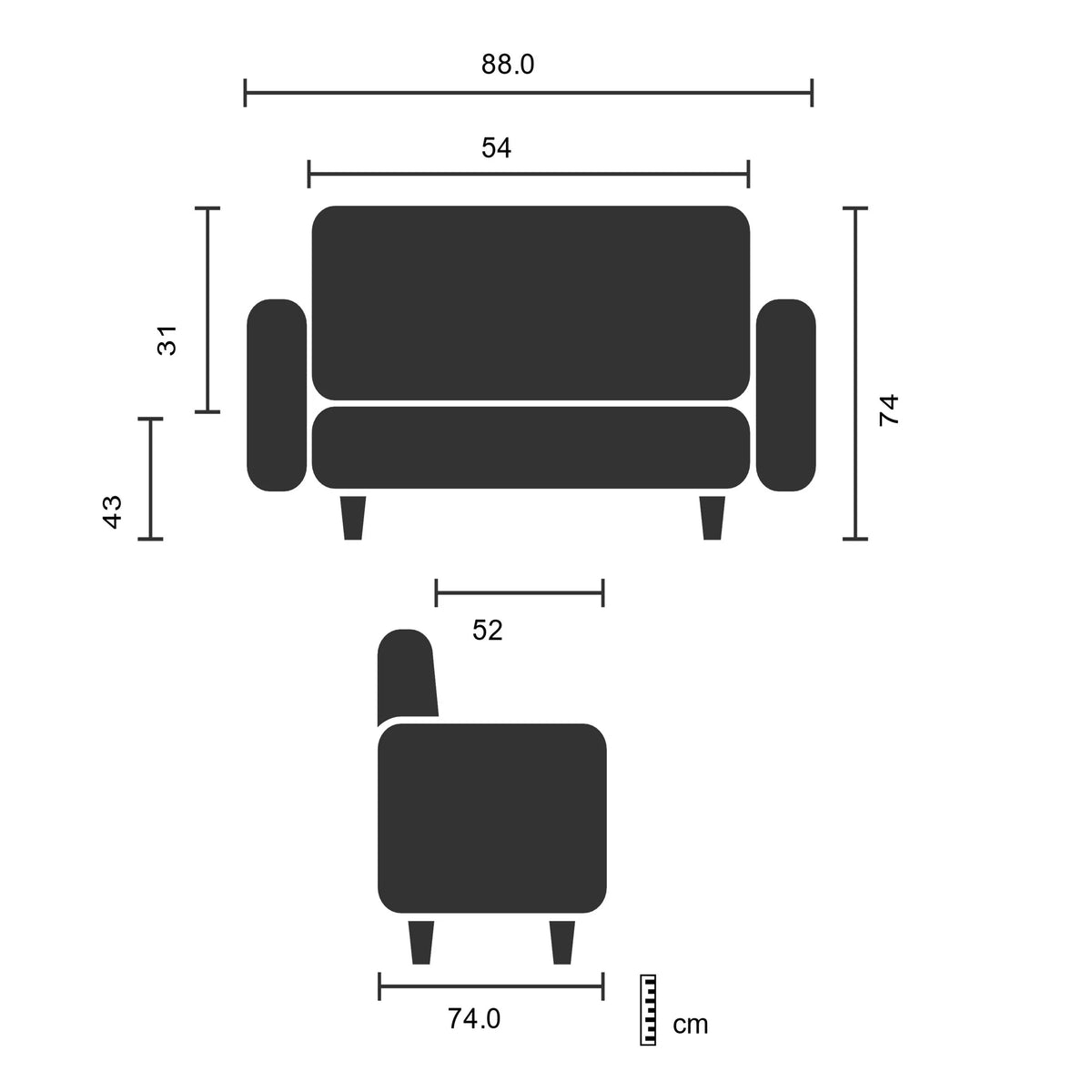 Dibujo técnico del sillón tapizada CURACAO de 88 × 74 cm de hjh OFFICE