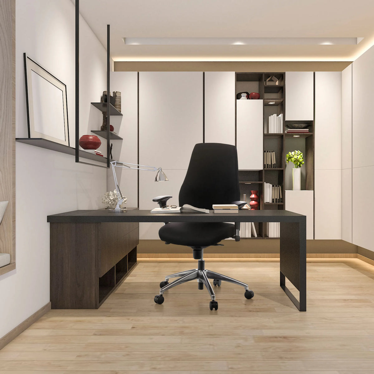 Silla de oficina profesional PRO-TEC 200 en negro con base de ruedas en un escritorio oscuro en una oficina en casa de hjh OFFICE