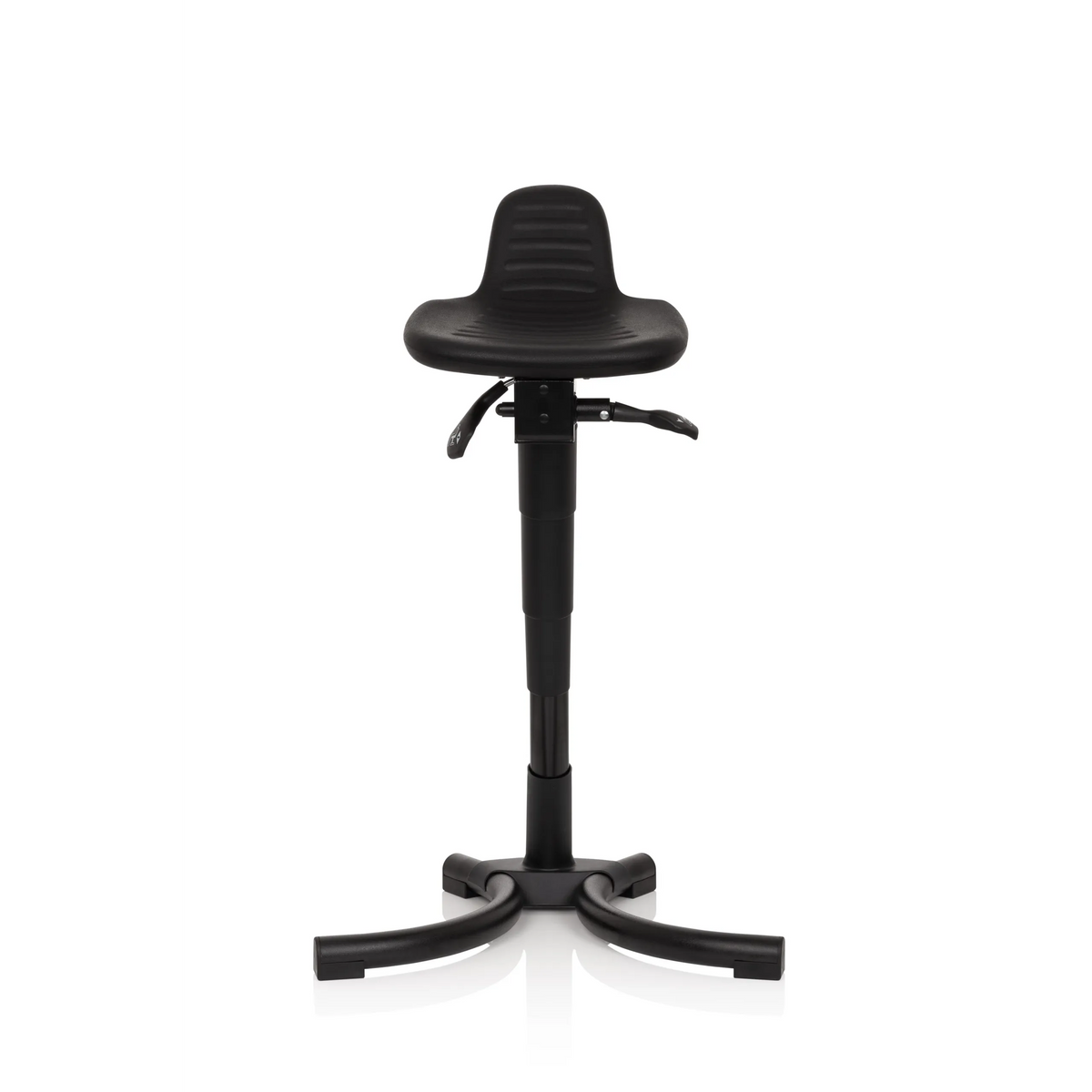Asiento de pie TOP WORK 34 negro con asiento, respaldo y base de cuatro patas de hjh OFFICE – vista de 360° (vista frontal 0°)
