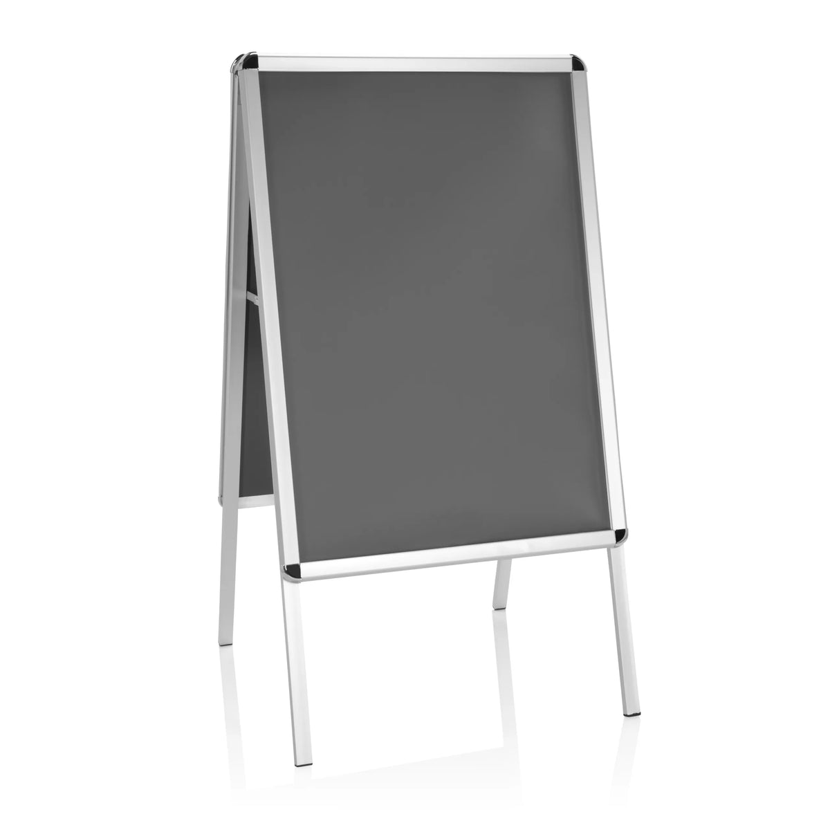 Soporte para carteles AGENDA II gris con marco de aluminio y dos pies de apoyo de hjh OFFICE – vista de 360° (vista frontal 20°)