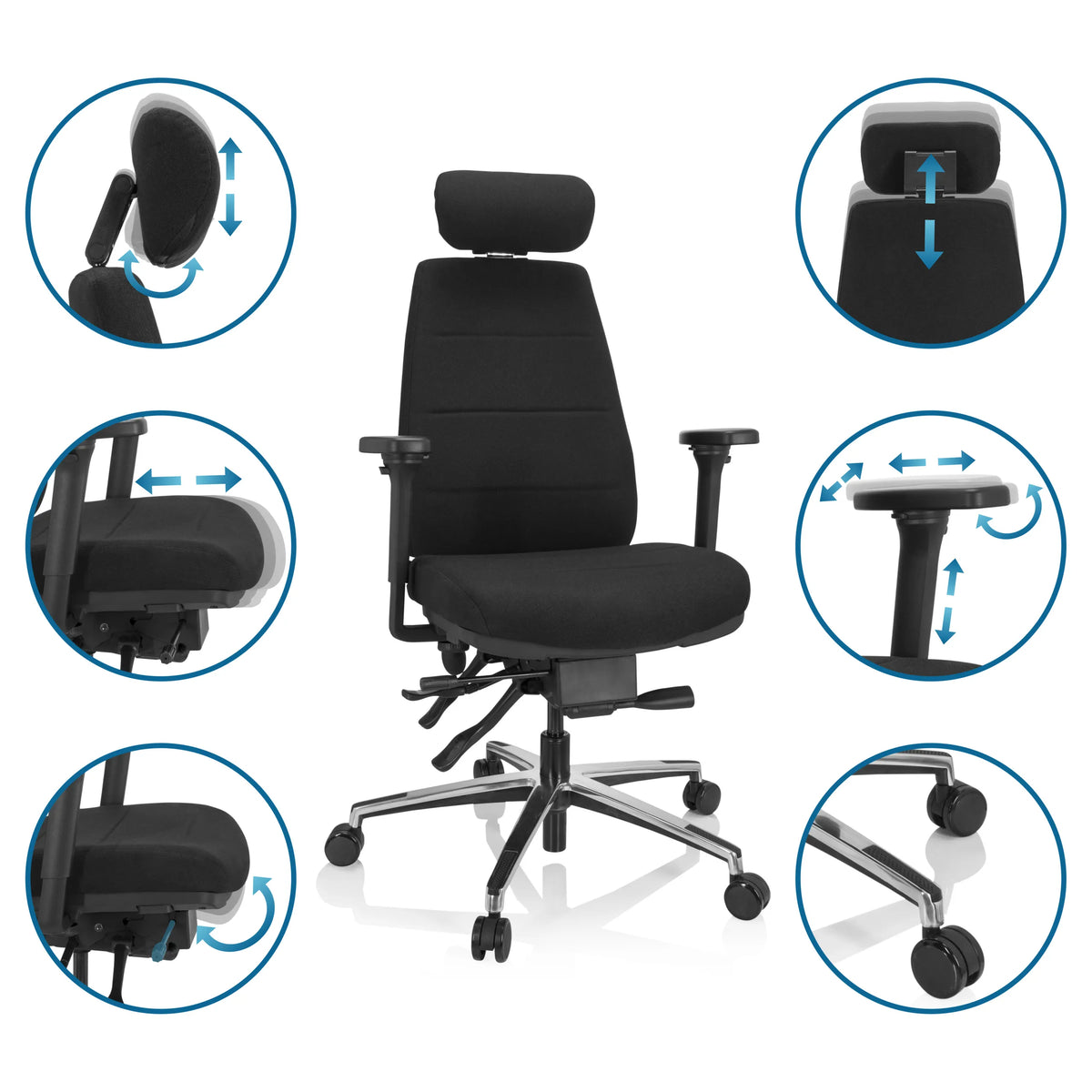 Opciones de ajuste de la Silla de oficina profesional PHOENIX PRO I con reposacabezas y reposabrazos de hjh OFFICE