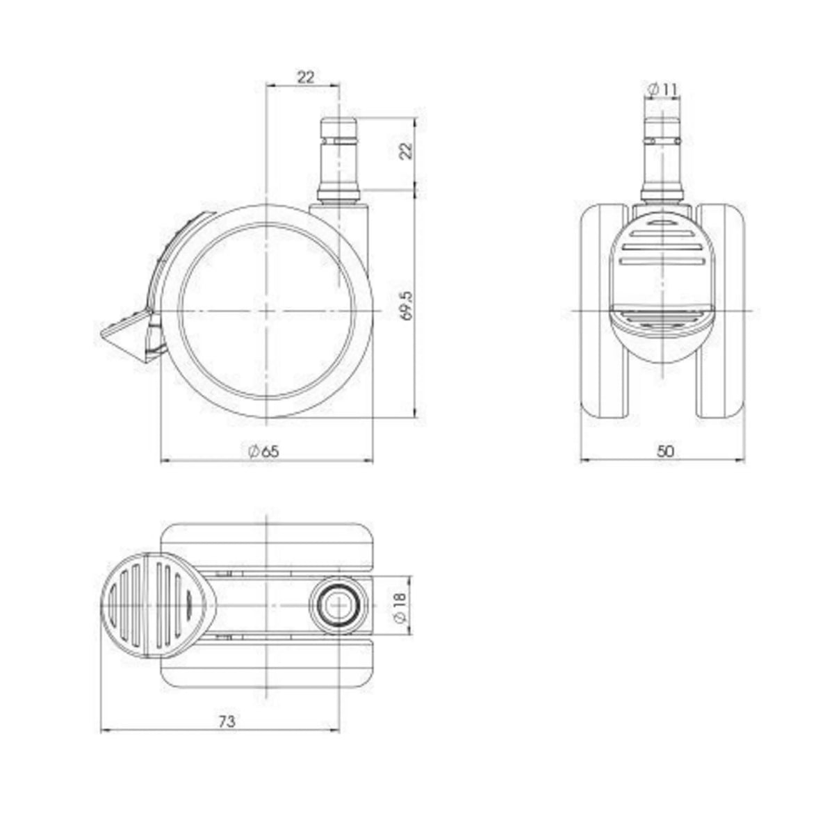 Dibujo técnico de las Ruedas para sillas 5x ROLO STOP 11mm/65mm con un diámetro de 65 mm de hjh OFFICE