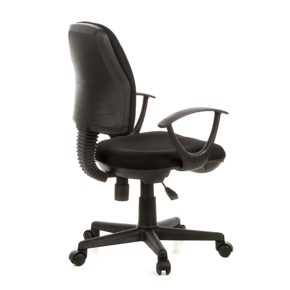 Silla Home Office CITY 10 negra con respaldo de malla, reposabrazos y base de cinco ruedas de hjh OFFICE – vista de 360° (vista trasera en diagonal 120°)