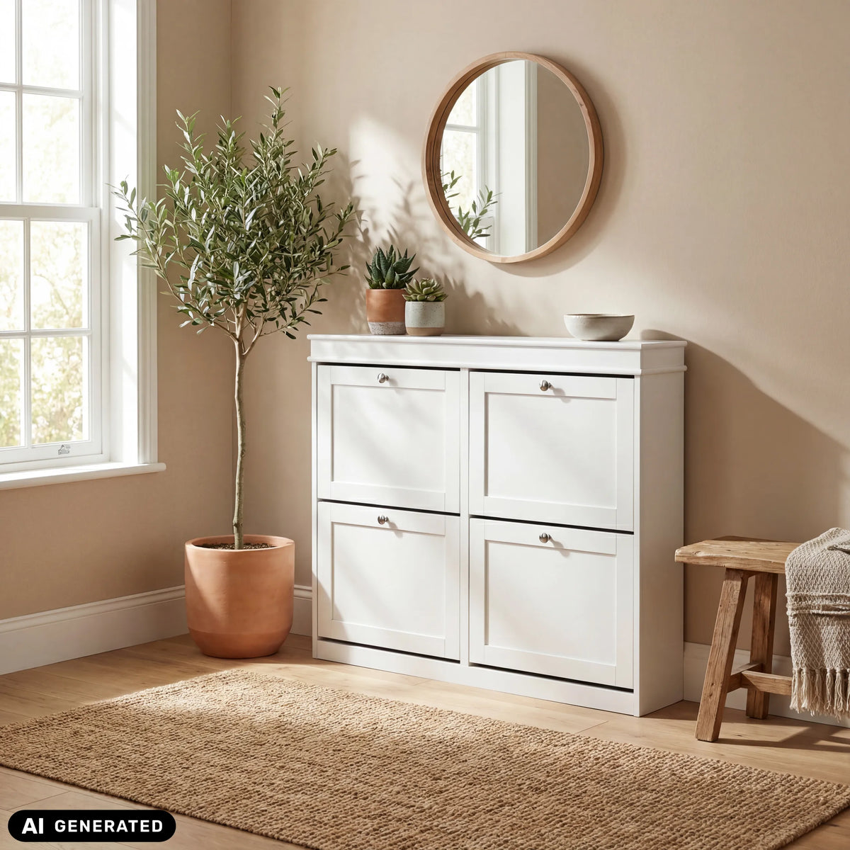 Armario zapatero Estha 40 blanco con cuatro compartimentos abatibles y pomos redondos de hjh LIVING (imagen generada por IA)