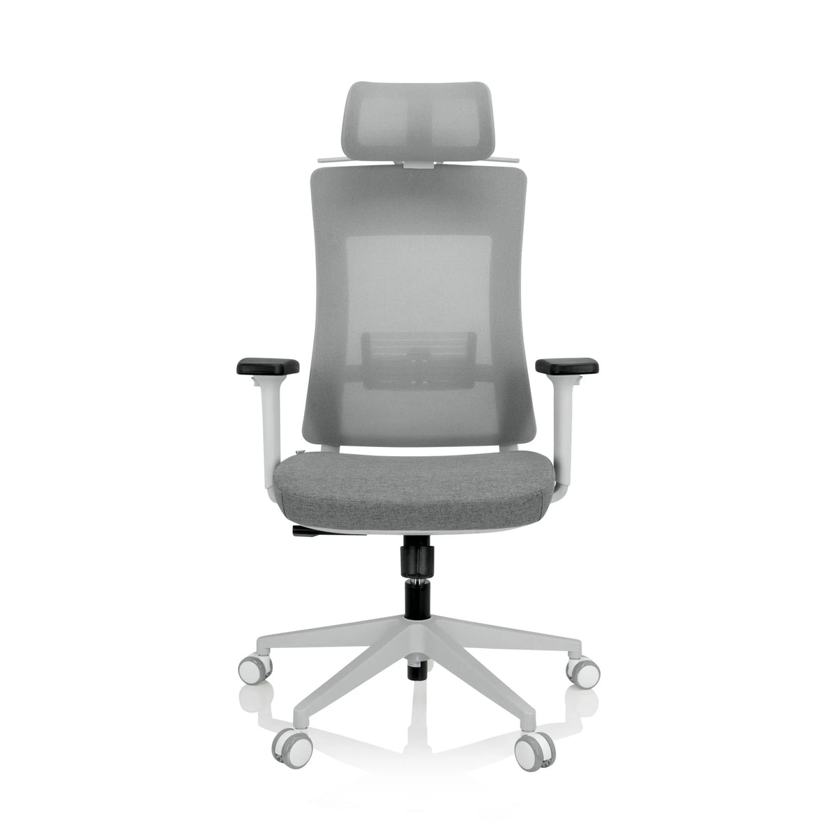 Silla de oficina profesional COMFIO WMH gris con respaldo de malla, reposacabezas y base de cinco ruedas de hjh OFFICE – vista de 360° (vista frontal 0°)