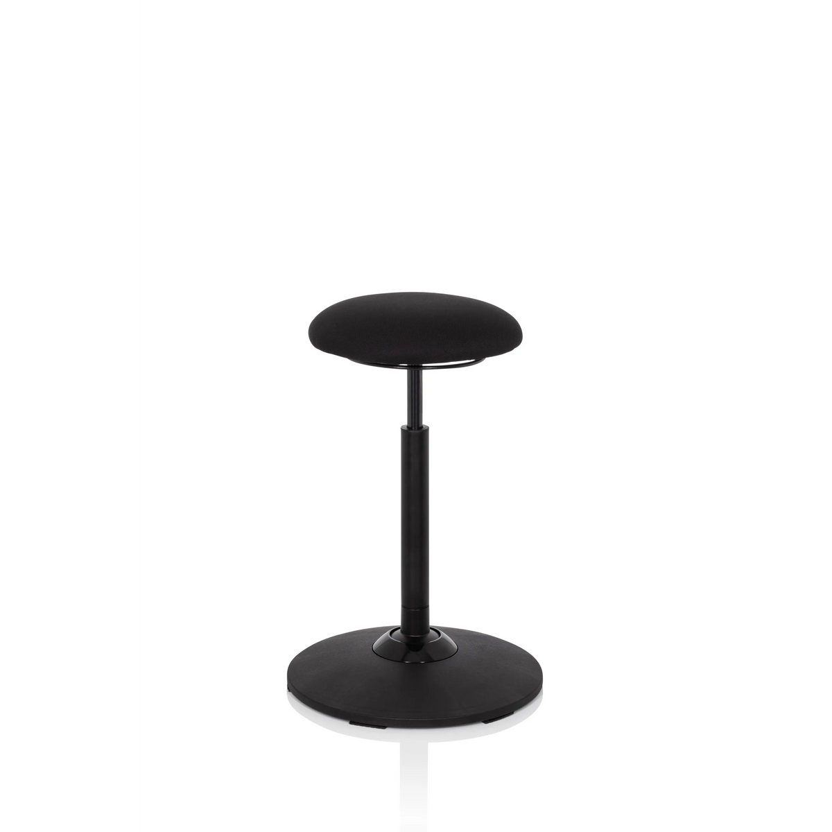 Asiento de pie BALANCE SIT negro con cojín de asiento redondo y base circular de hjh OFFICE – vista de 360° (vista frontal en diagonal 40°)