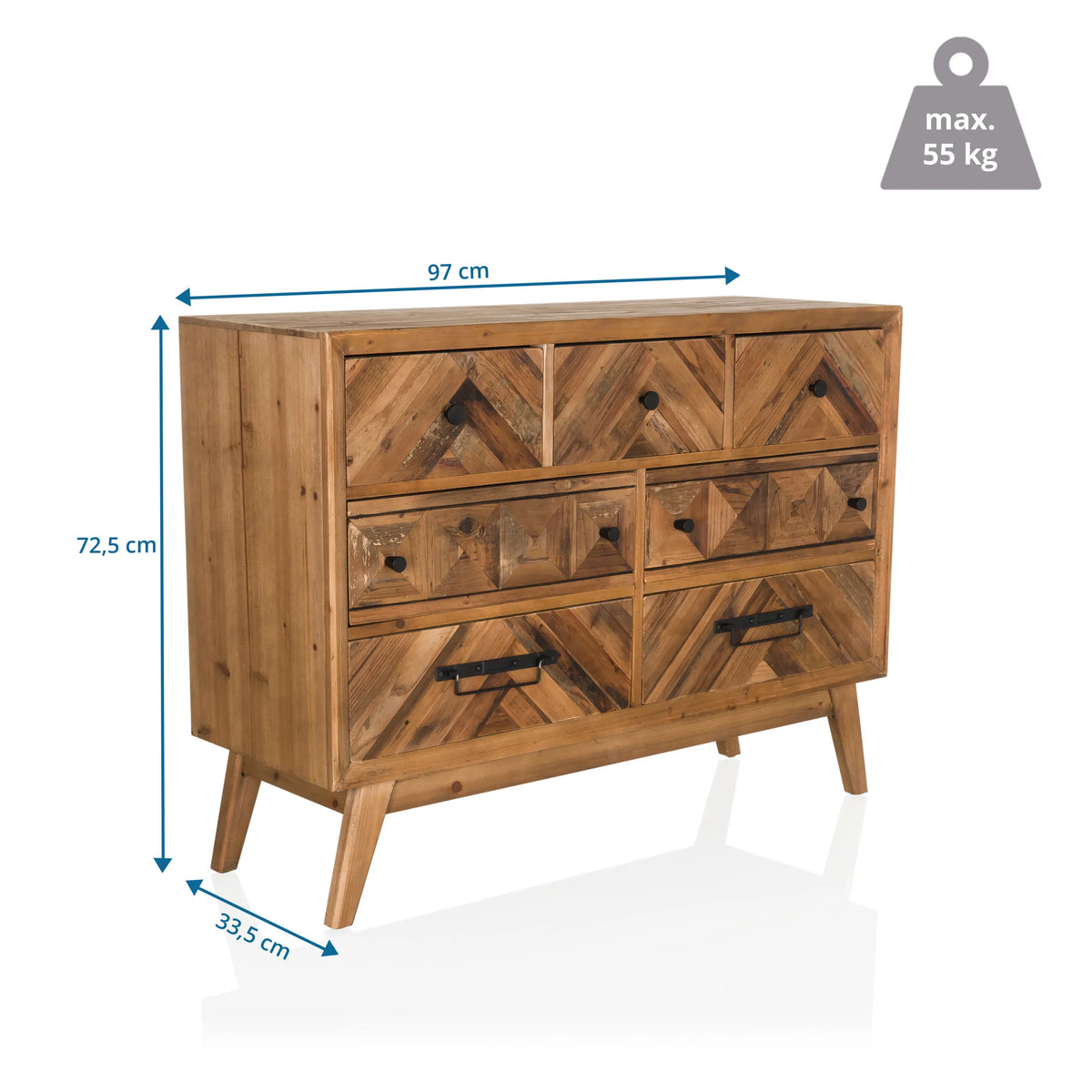 Vista de dimensiones del aparador SANTJAGO WOOD XL de 97 × 72,5 cm y una carga máxima de 55 kg de hjh LIVING