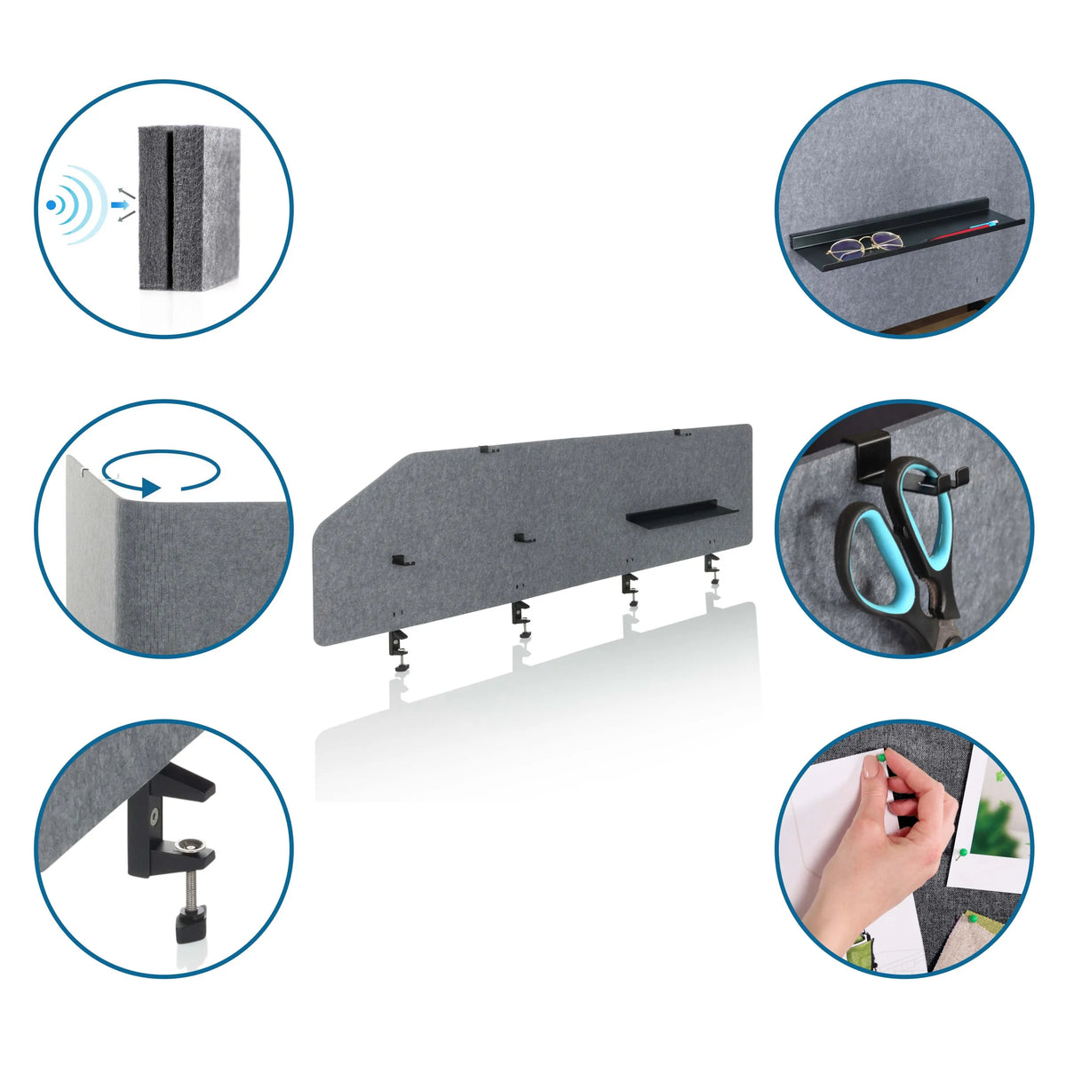 Separadores de mesa grises FLEXMIUT T TOP con accesorios como estante, soporte y función de tablero de anuncios de hjh OFFICE