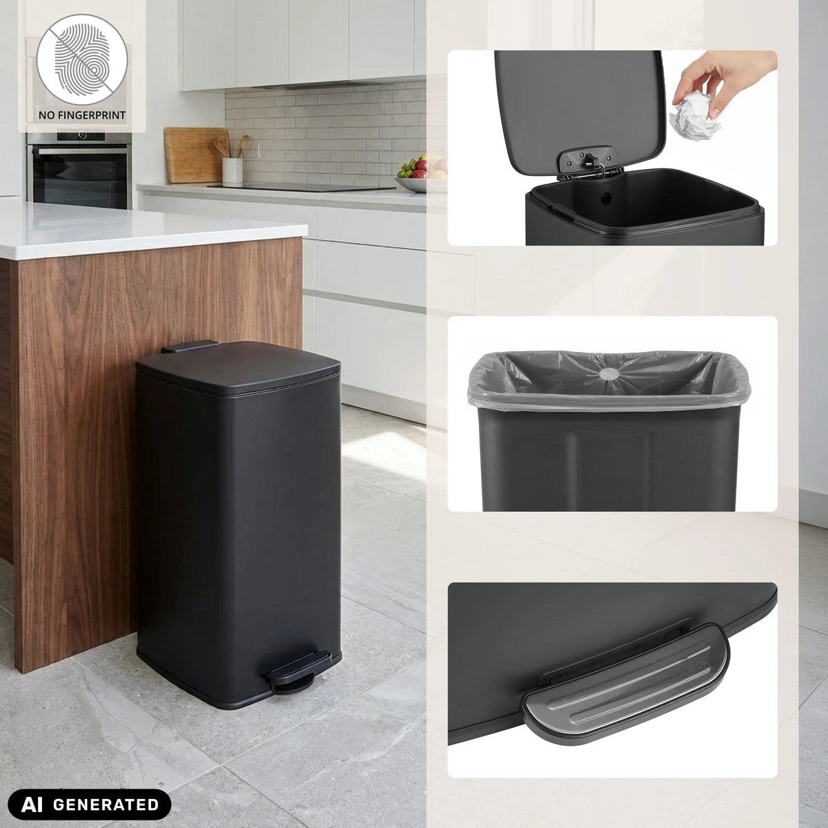 Papelera Clean Step 4 negra con pedal, cubo interior y protección contra huellas de hjh OFFICE (imagen generada por IA)