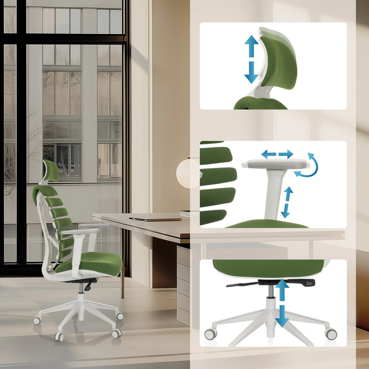 Reposacabezas, reposabrazos y asiento regulables en altura de la silla de oficina profesional ERGO LINE W en Mystic Forest de hjh OFFICE