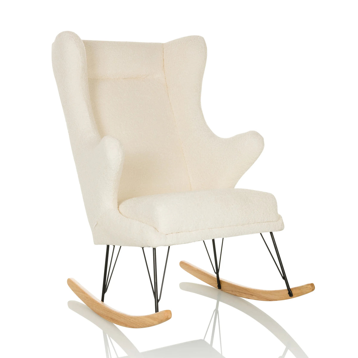 Sillón de diseño blanco MAPOON como mecedora con patines de madera y metal de hjh LIVING – vista de 360° (vista frontal en diagonal 30°)