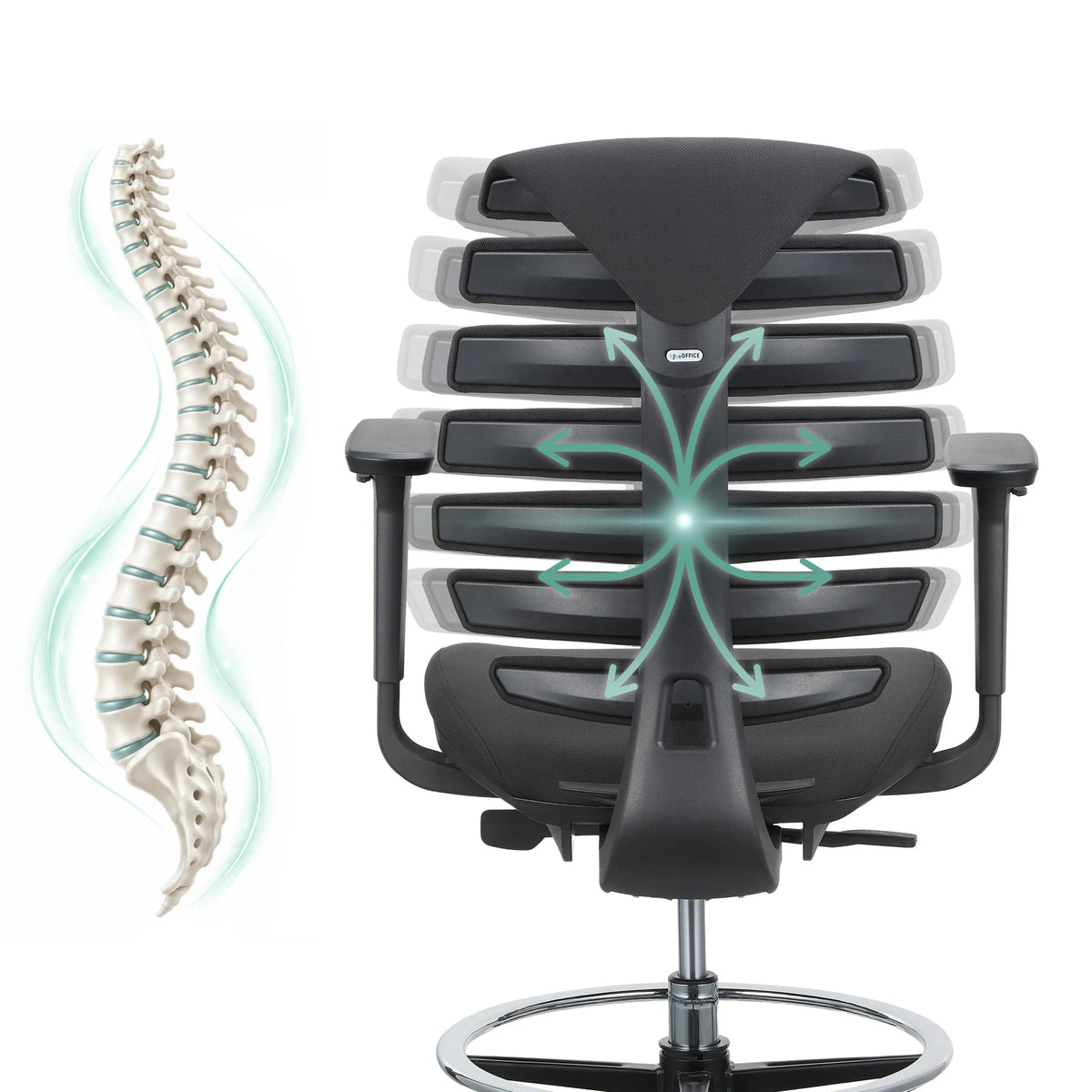 Respaldo de la silla de mostrador ERGO LINE II WORK con una representación esquemática de la columna vertebral de hjh OFFICE