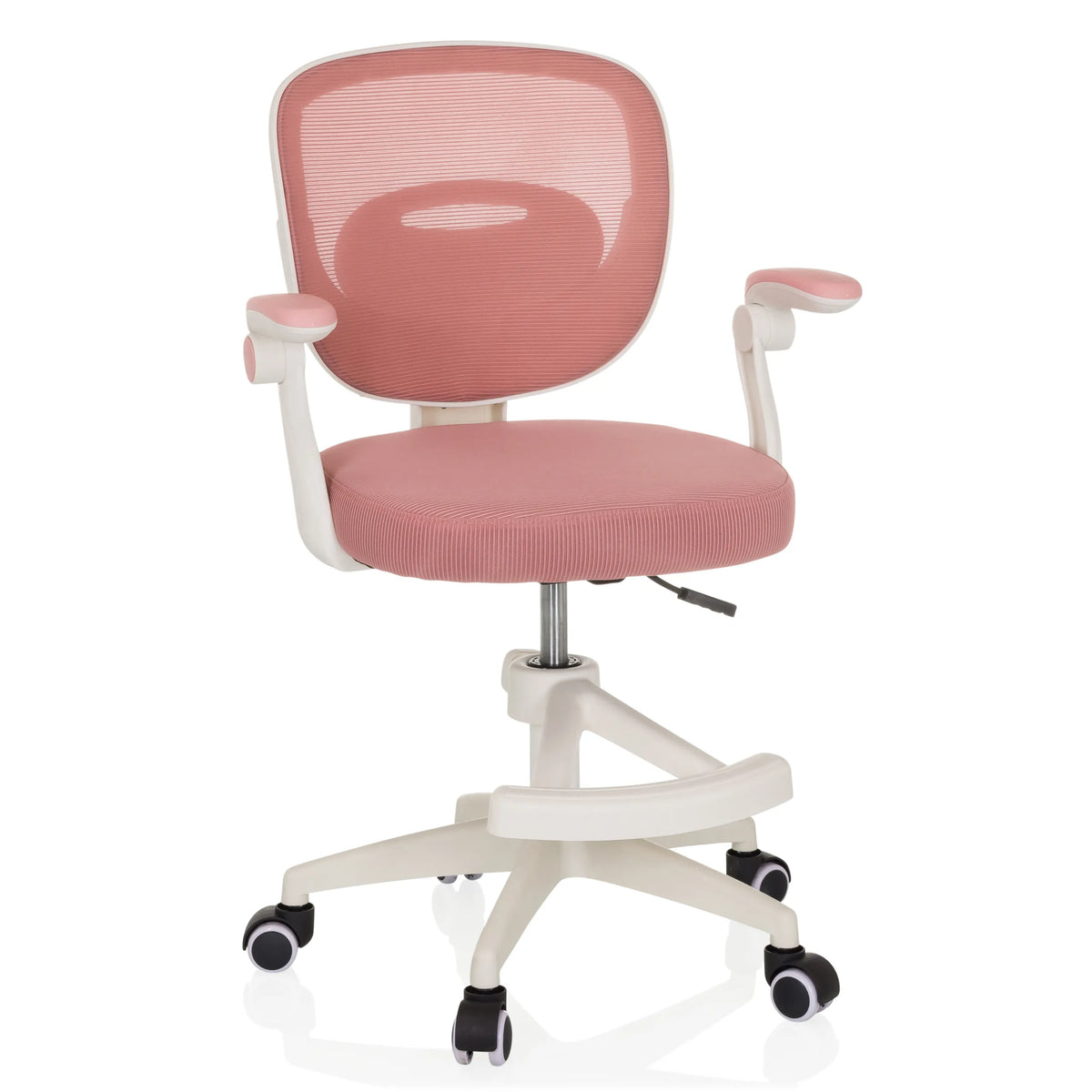 Silla giratoria para niños KIDDY SMART rosa con respaldo de malla y base de cinco ruedas de hjh OFFICE – vista de 360° (vista frontal 15°)