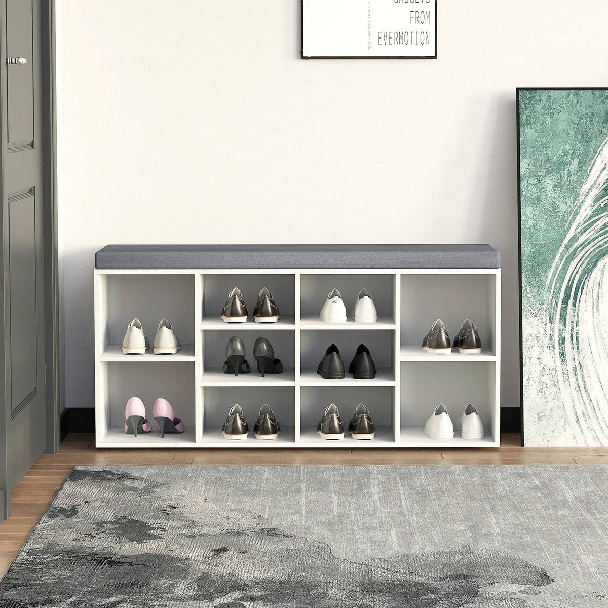 Armario zapatero ESTHA 10 blanco con superficie para sentarse gris y nueve compartimentos abiertos de hjh LIVING