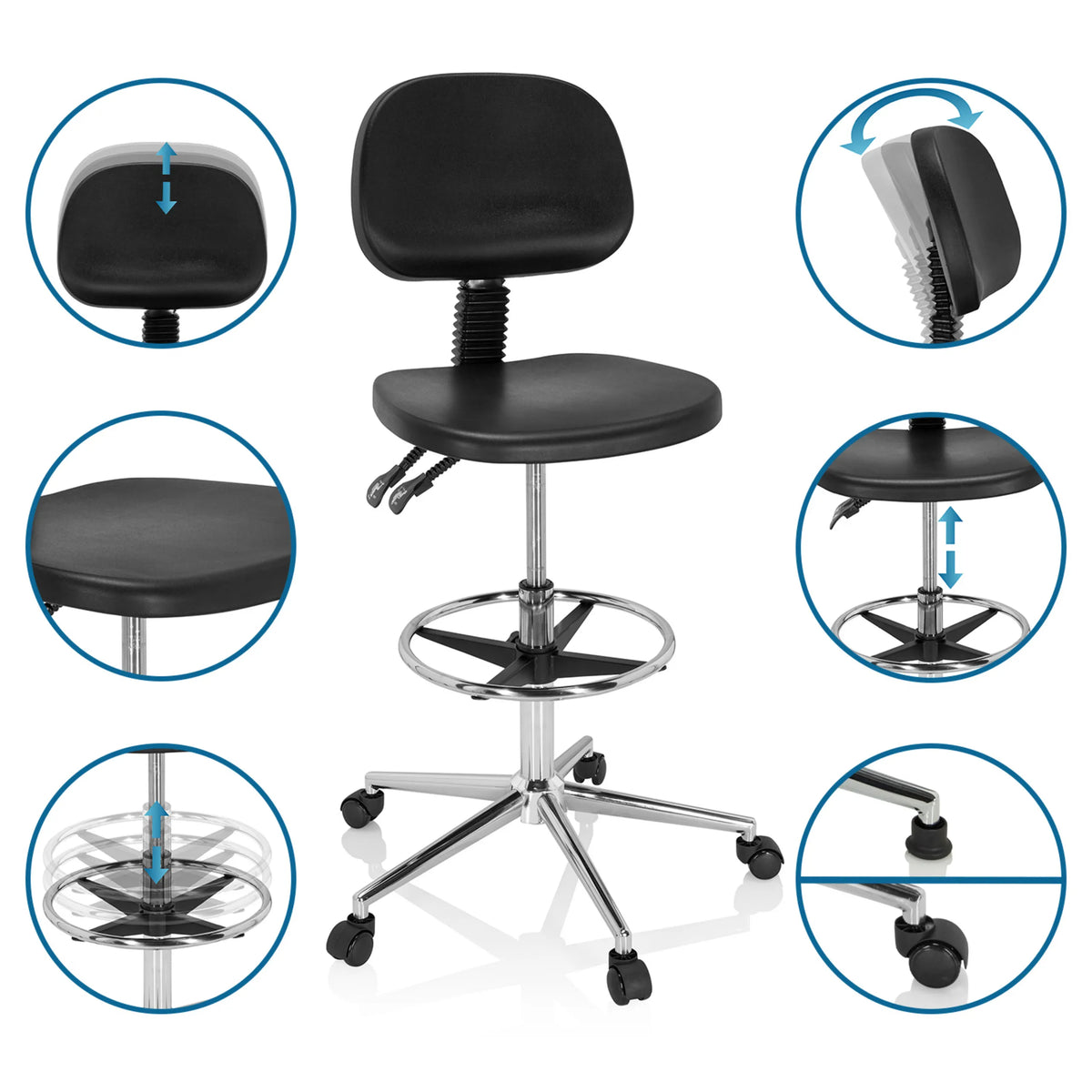 Funciones ajustables de la silla de mostrador TOP WORK 24 I en negro con reposapiés y ruedas de hjh OFFICE