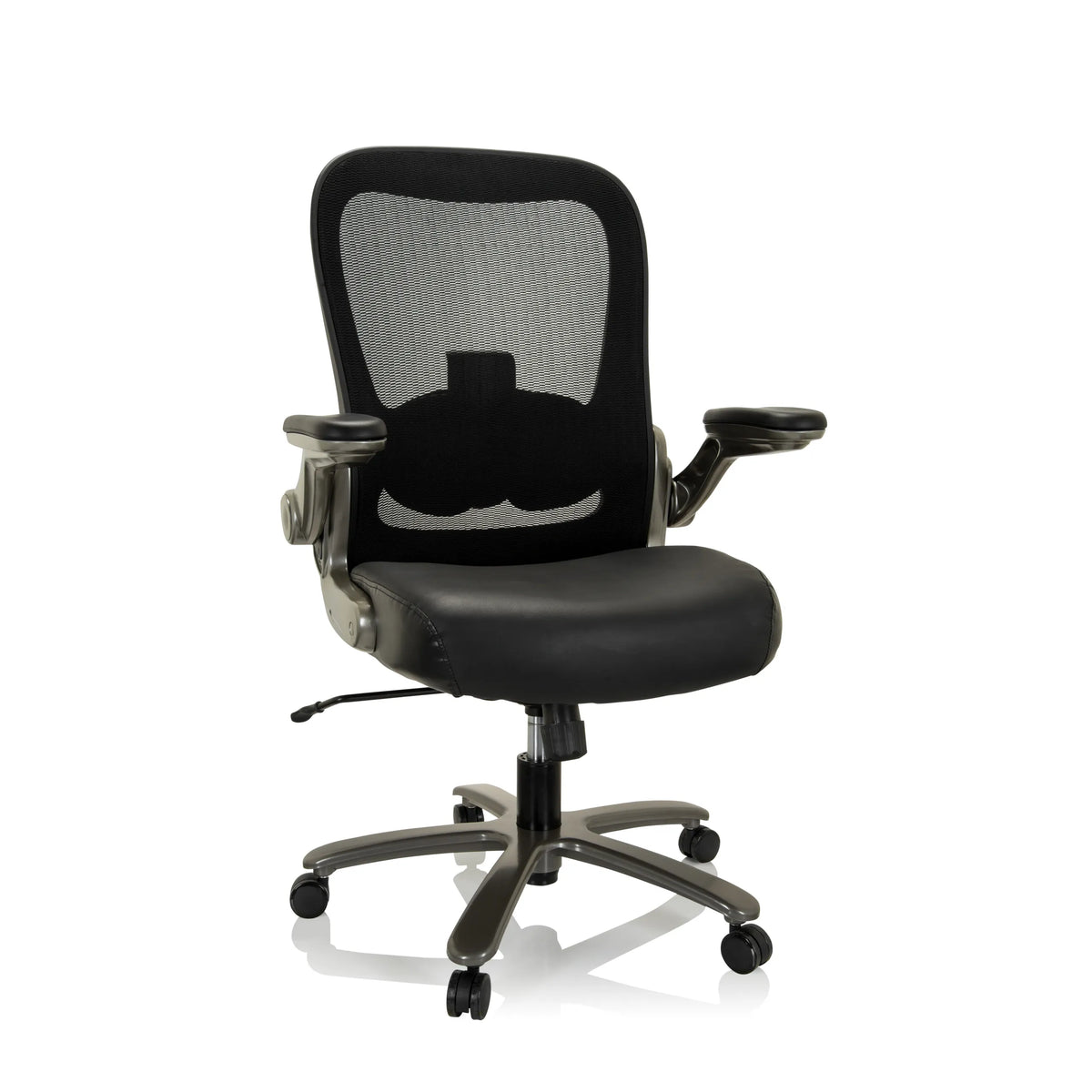 Silla giratoria XXL INSTRUCTOR T I negra con respaldo de malla, asiento de cuero y base de cinco ruedas de hjh OFFICE – vista de 360° (vista frontal 20°)